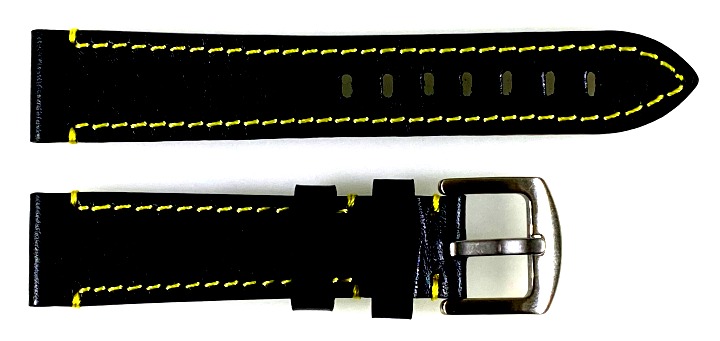 18mm gelb gestepptes, hochwertiges AVIATOR Lederarmband aus Kalbsleder, schwarz mit gelber Steppnaht (LD18-04)