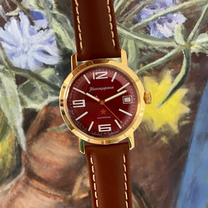 Armbanduhr KOMANDIRSKIE 1965 mit Glasboden von VOSTOK, Edelstahl, vergoldet, poliert, ø39mm 2414 / 683954