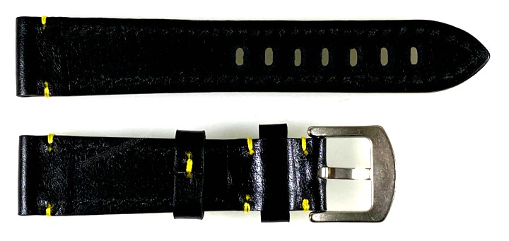 18mm gelb gestepptes, hochwertiges AVIATOR Lederarmband aus Kalbsleder, schwarz mit gelber Steppnaht (LD18-04)